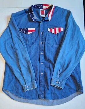 Vtg 90's Mo Betta Denim Jean COWBOY USA Stars Stripes GARTH Western RODEO Shirt